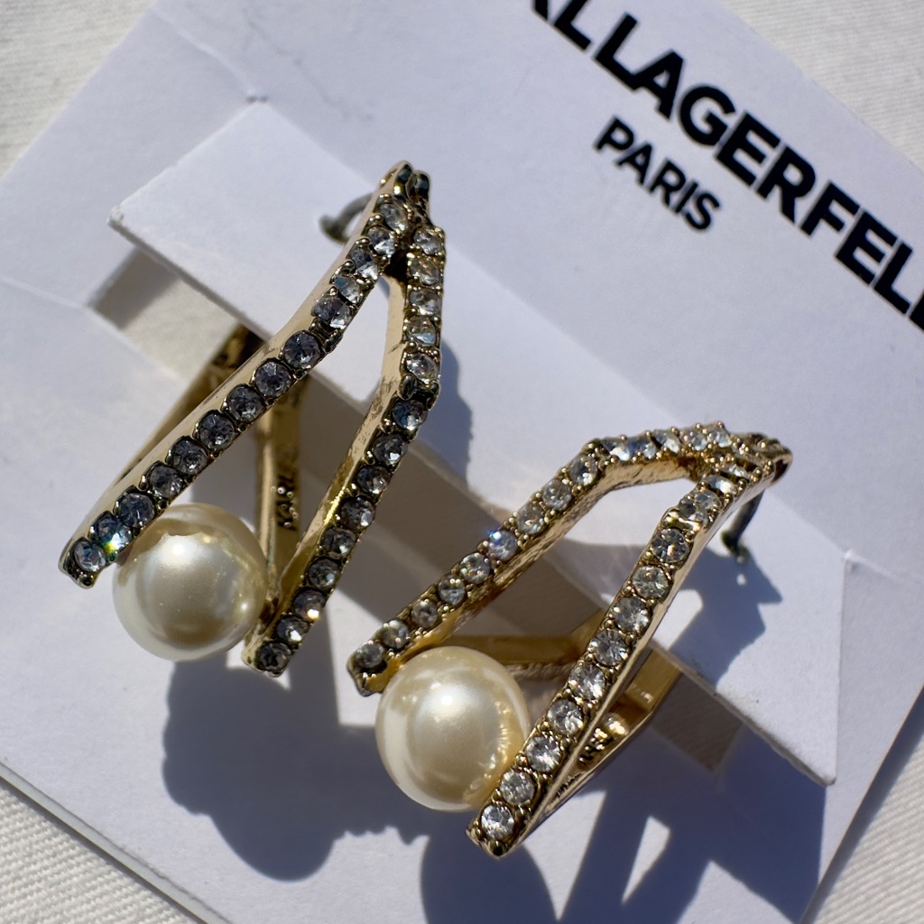 Karl Lagerfeld Paris Crystal Faux Pearl Gold Split Hoop Earrings Nwt 45$